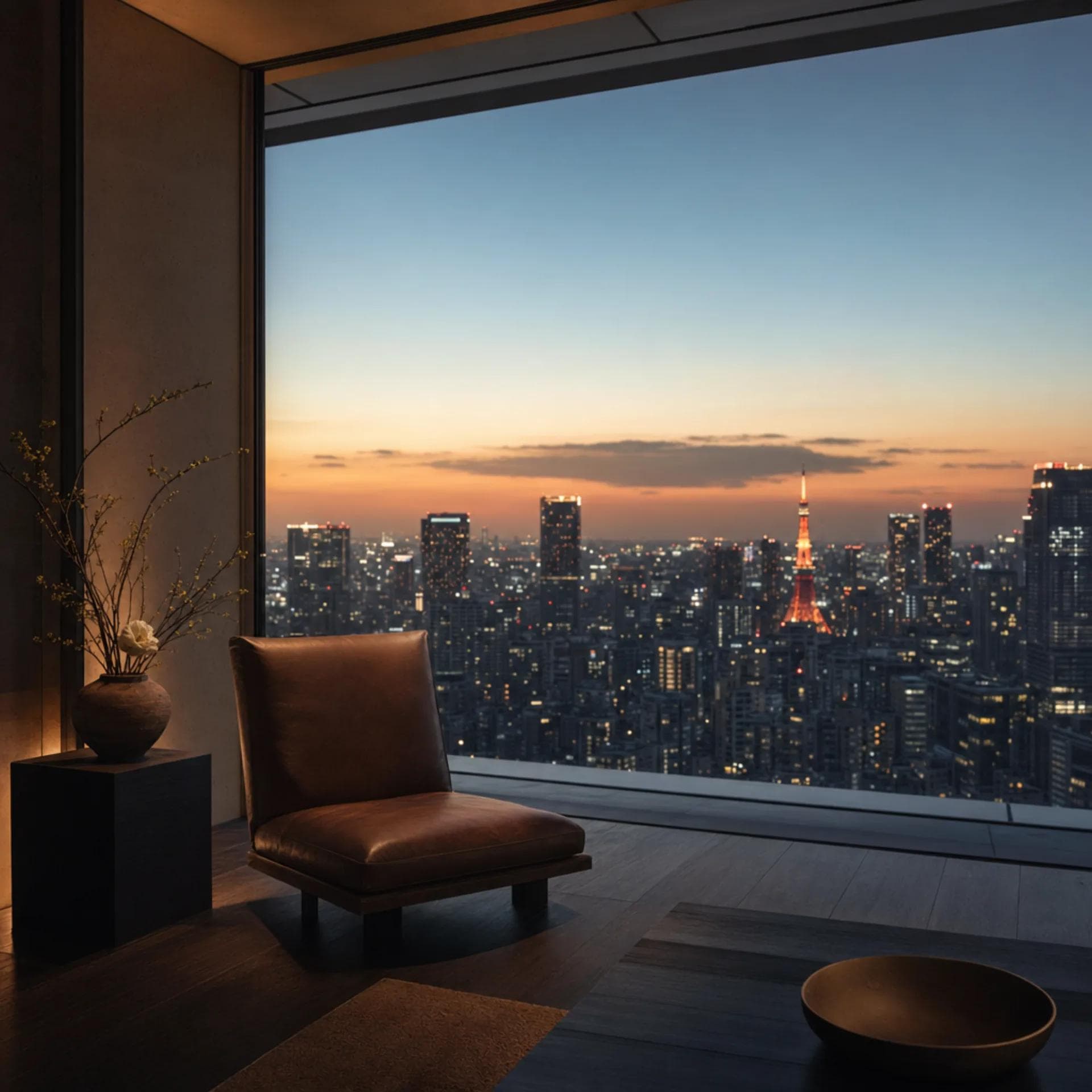 Aman Tokyo penthouse suite at dusk