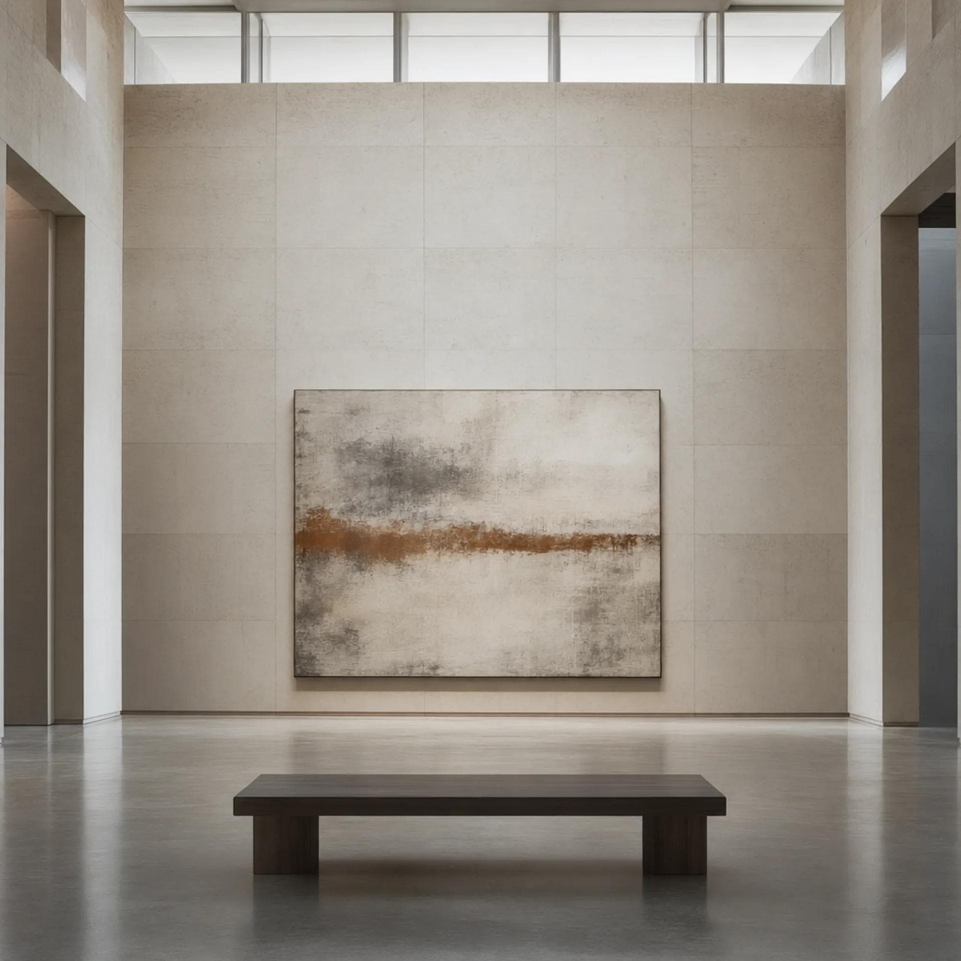 Contemporary art gallery interior, polished concrete and limestone