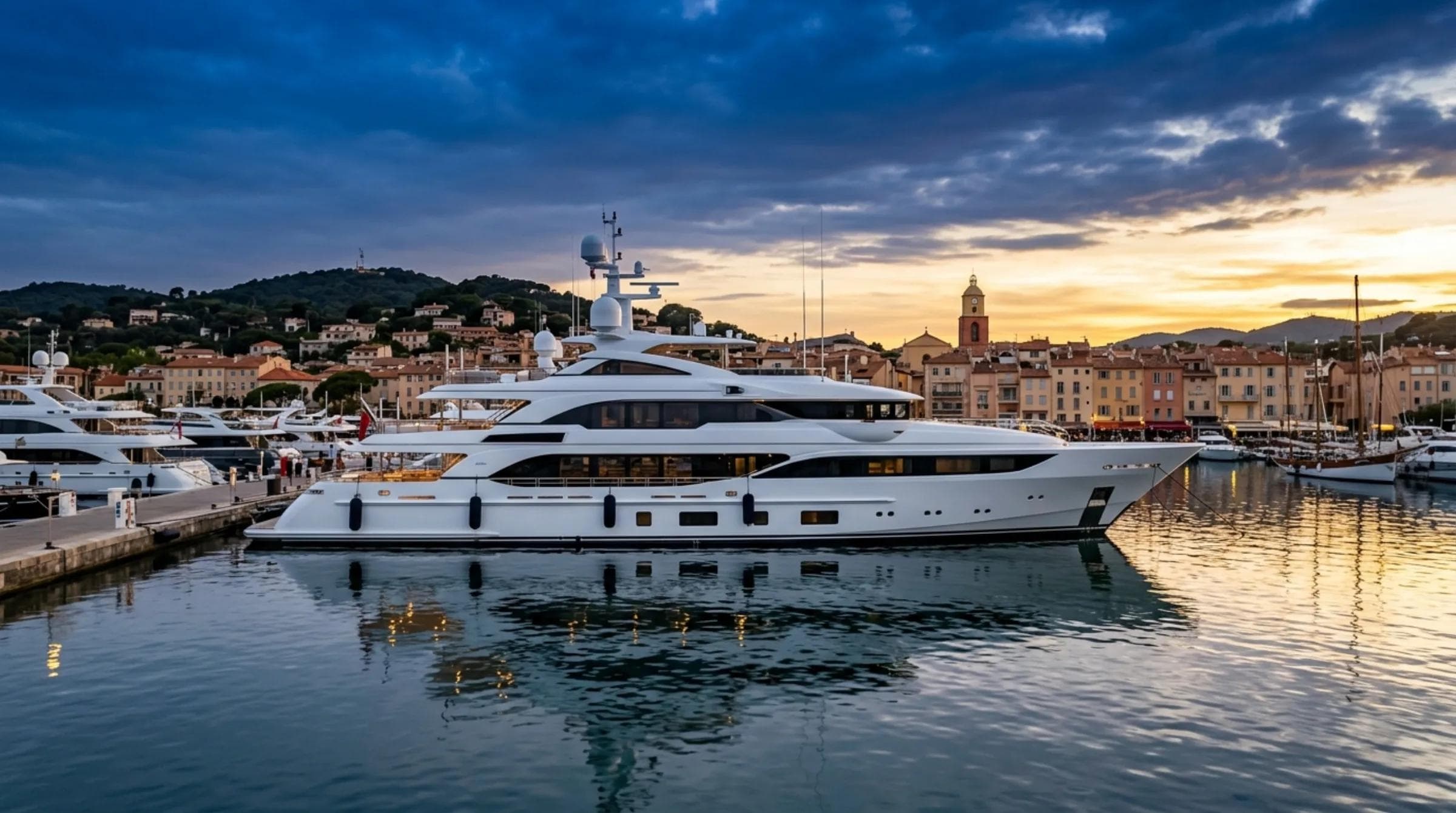 60-meter superyacht moored in a Mediterranean harbor at golden hour, side profile view with calm water reflecting the hull, deep blue evening sky transitioning to gold near the horizon