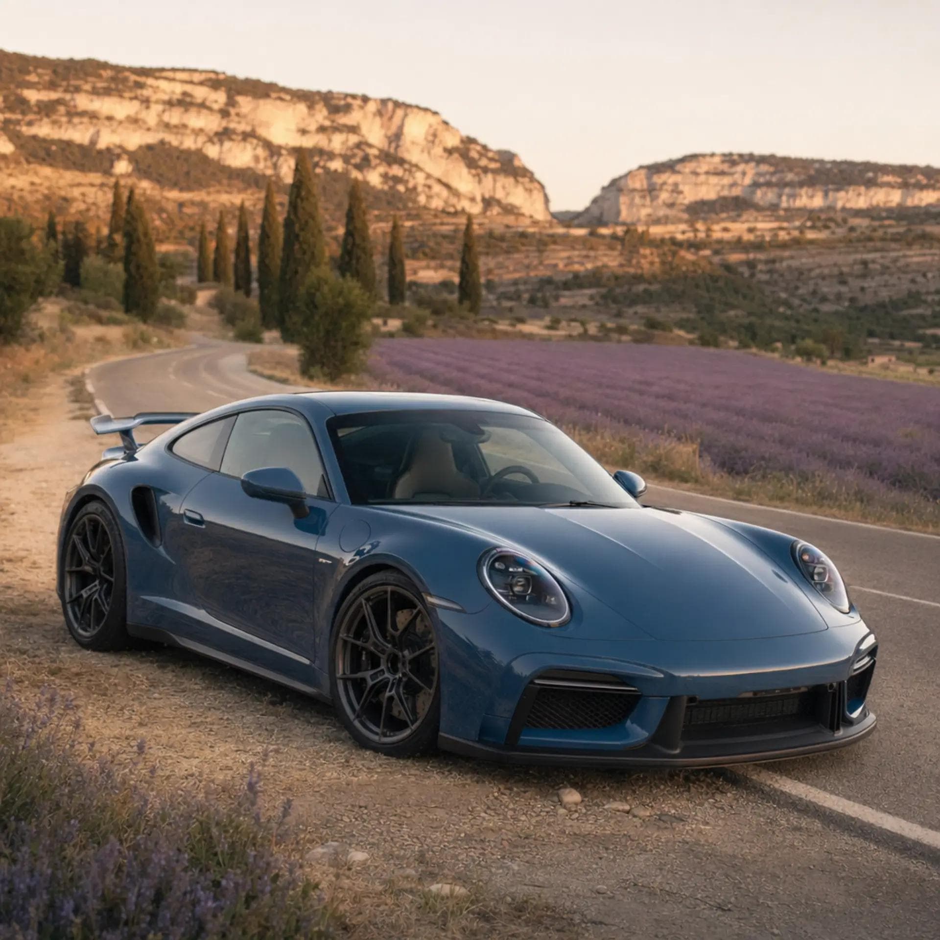 Porsche 911 GT3 on a Provence road at golden hour