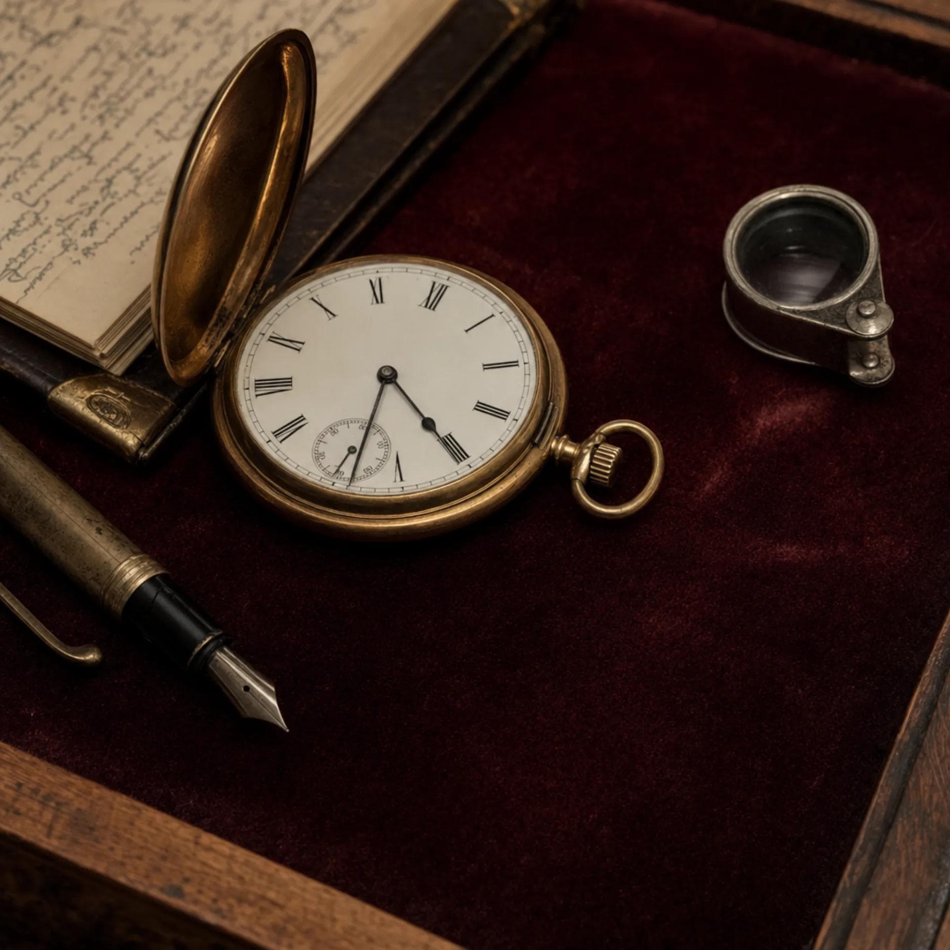 Vintage gold pocket watch on burgundy velvet
