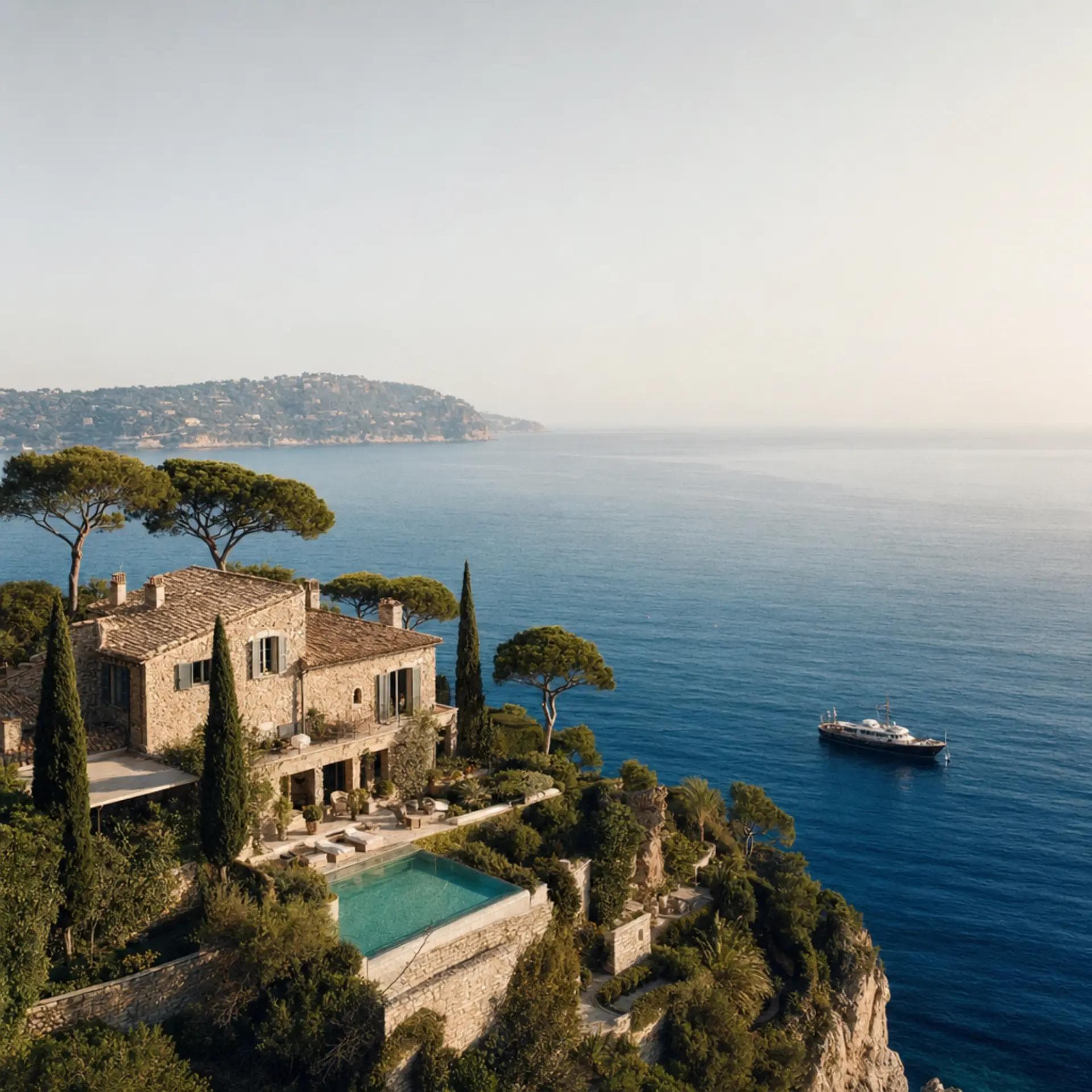 Aerial view of Cap Ferrat cliff villa at golden hour