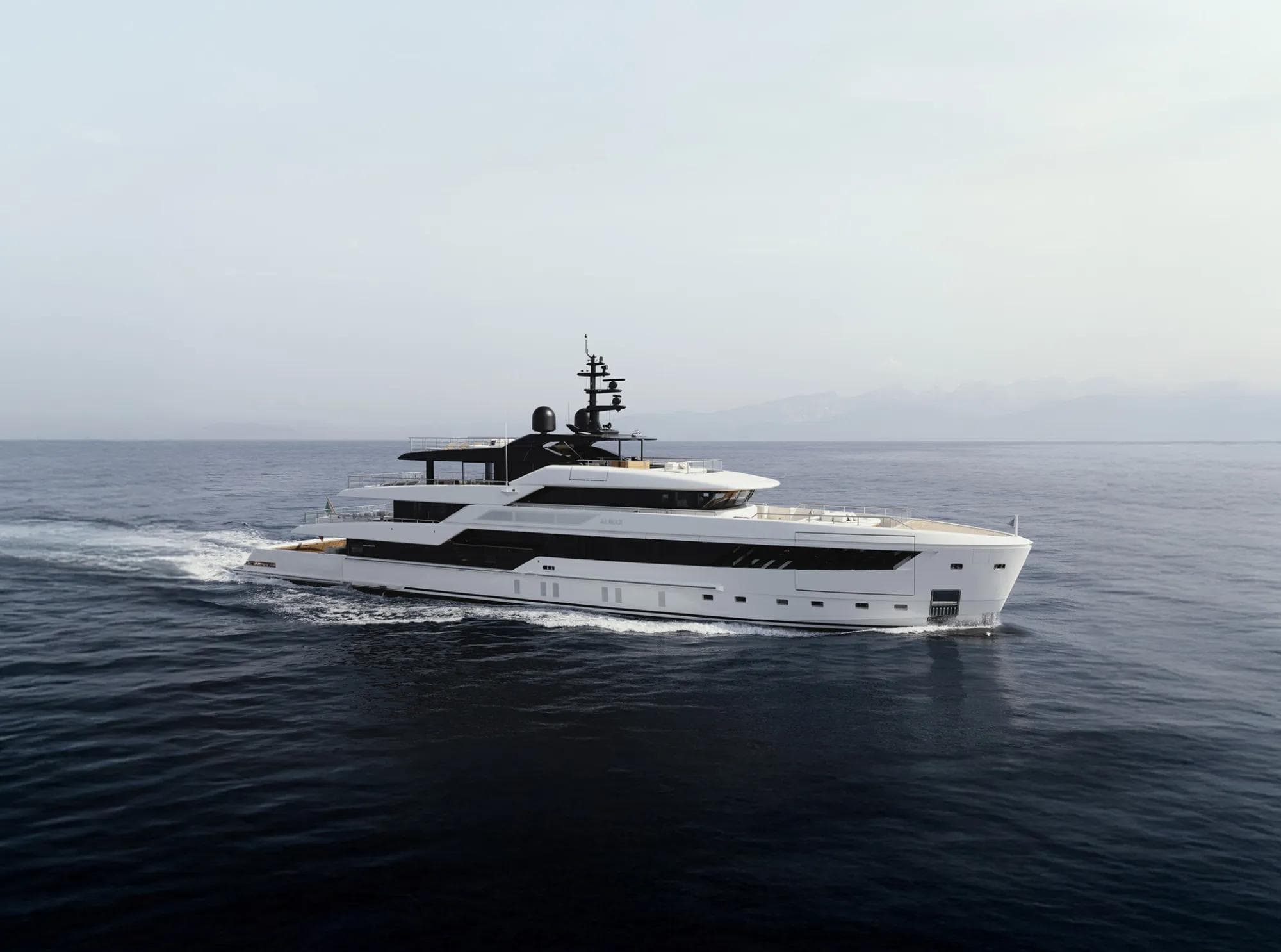 Sanlorenzo 50Steel superyacht Almax, the first with a green-methanol fuel-cell system, underway on the water in profile