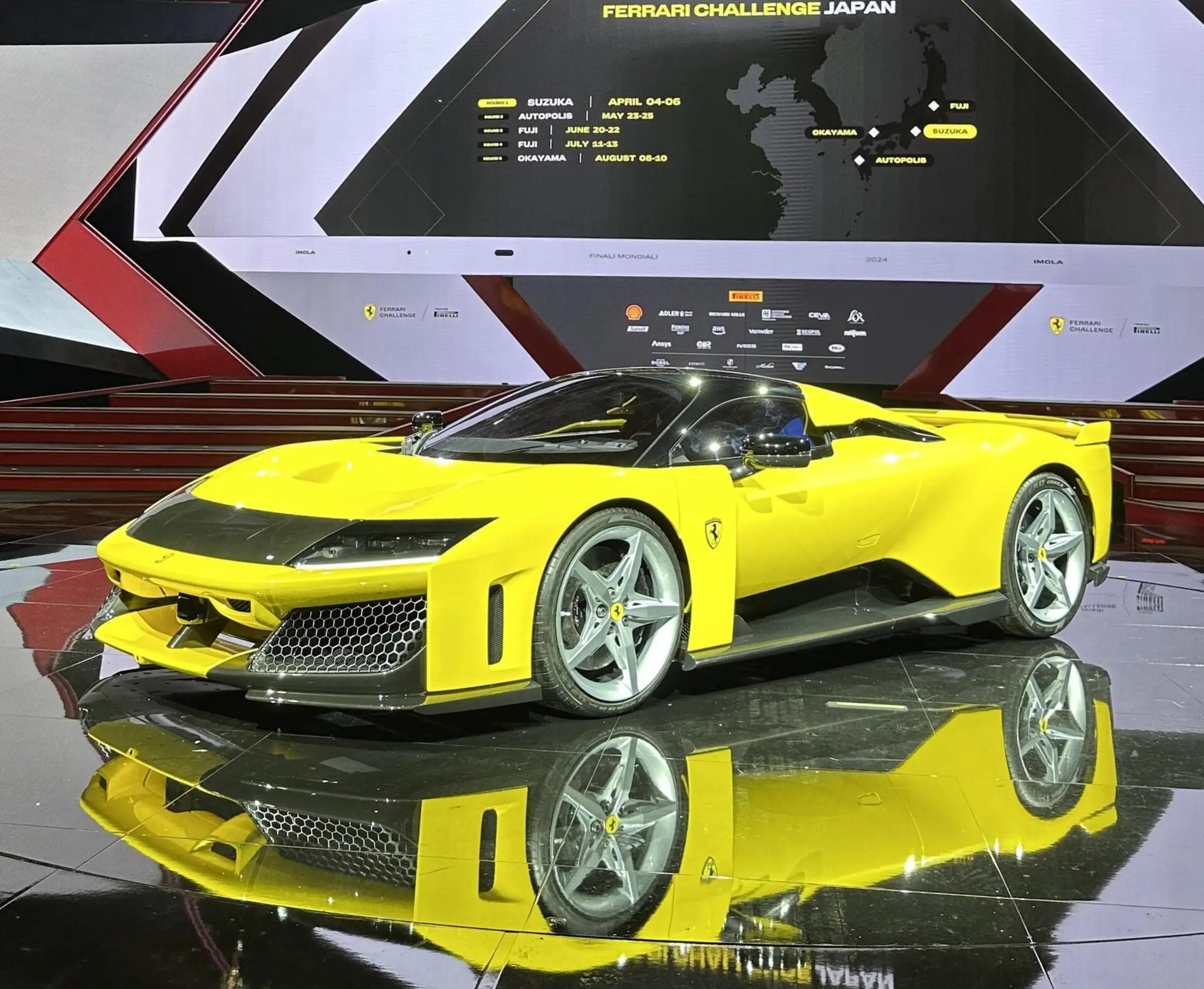 The Ferrari F80 on a show stand, one of the 2026-class flagship hypercars