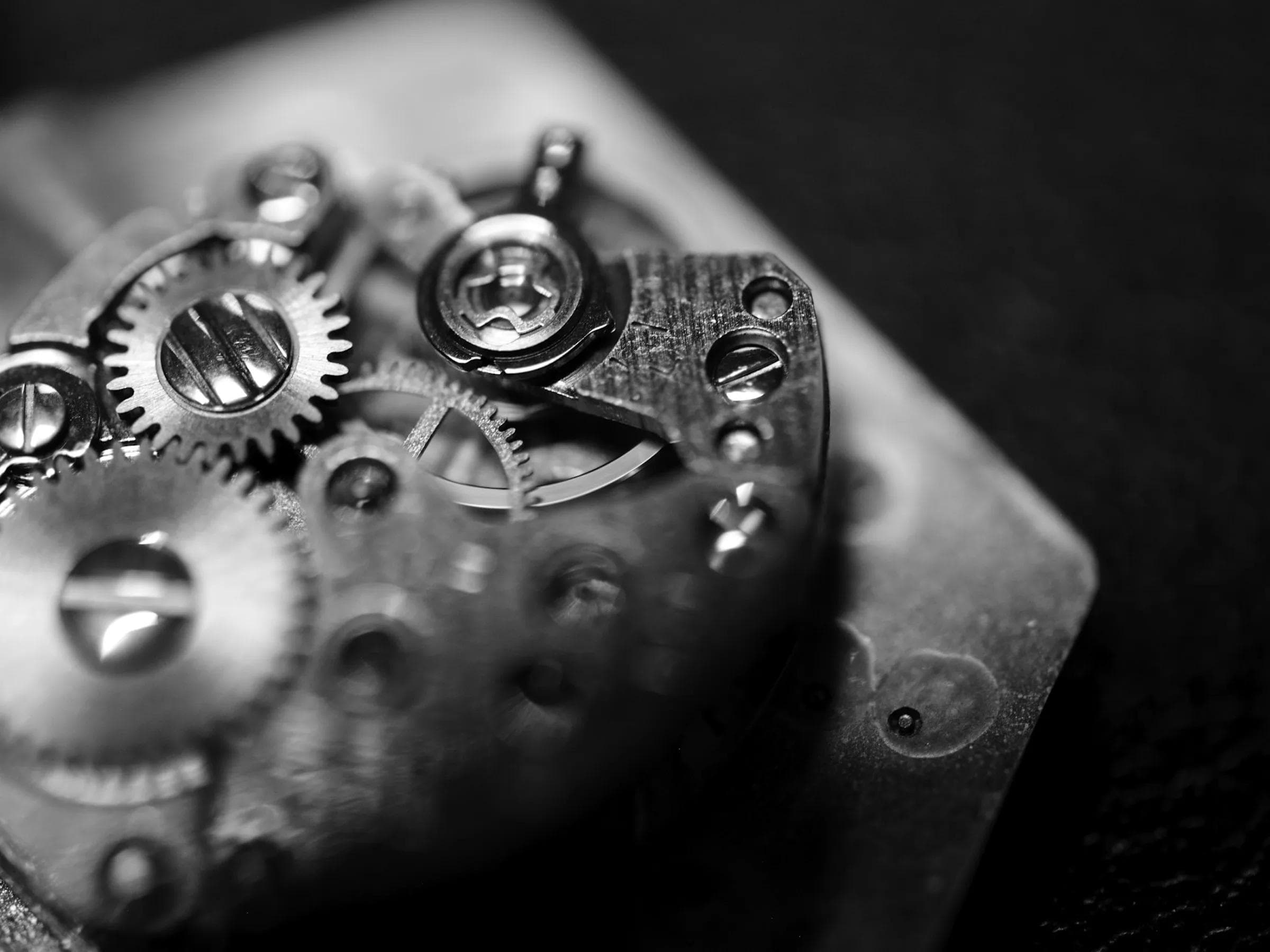 Black and white macro of a mechanical watch movement showing gears, screws and bridges