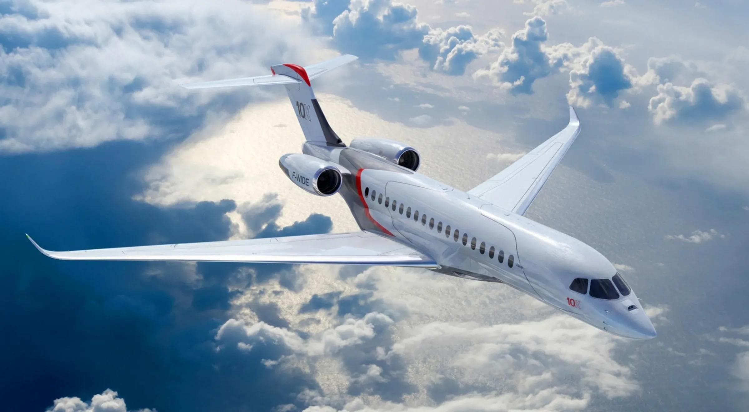 Dassault Falcon 10X cabin render showing the widest cabin in business aviation, principal lounge zone with large oval windows